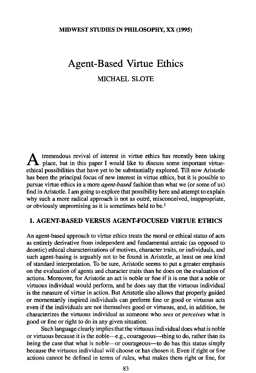Agent-Based Virtue Ethics - Michael Slote - Midwest Studies in ...