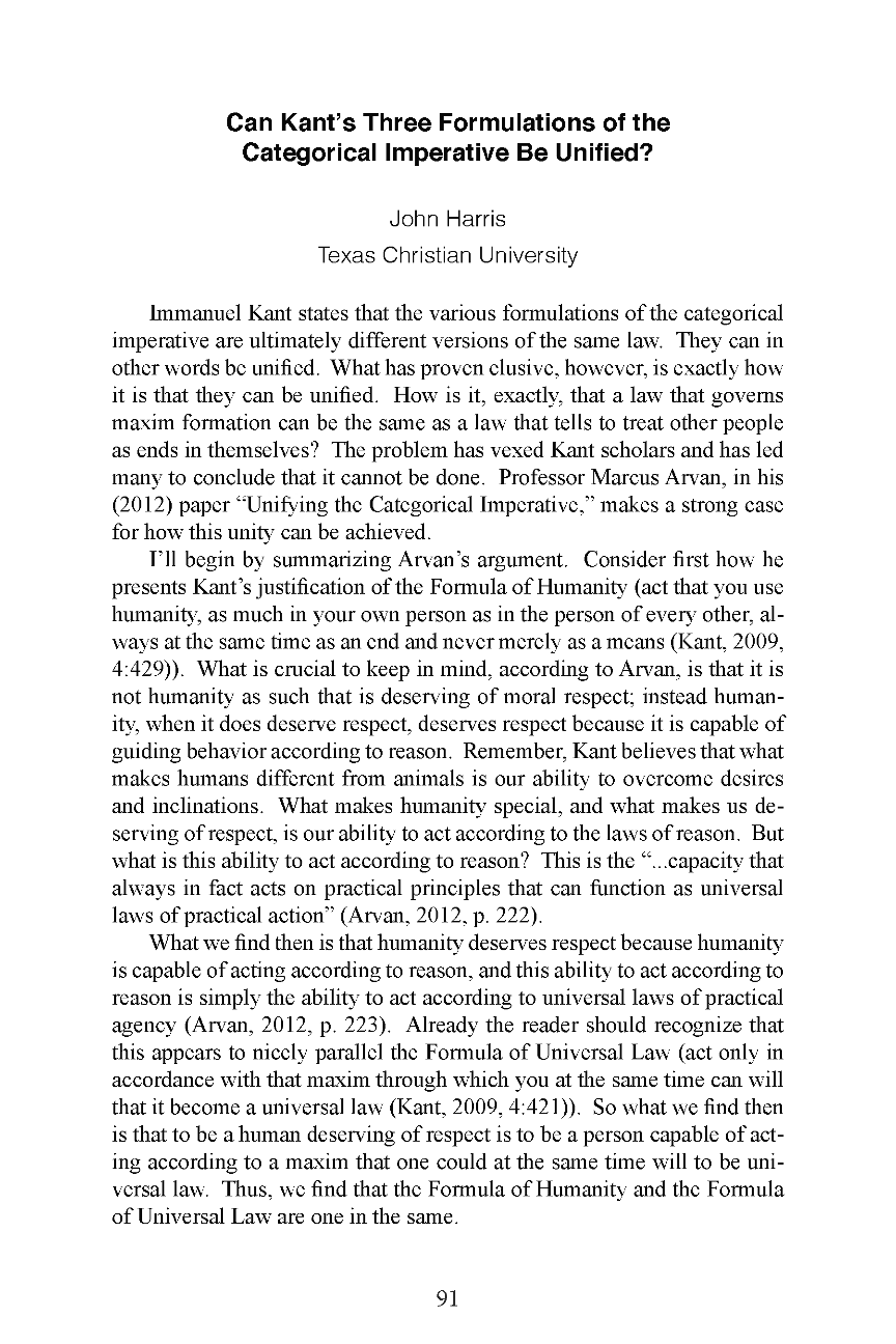 Can Kant S Three Formulations Of The Categorical Imperative Be Unified John Harris Southwest Philosophy Review Philosophy Documentation Center