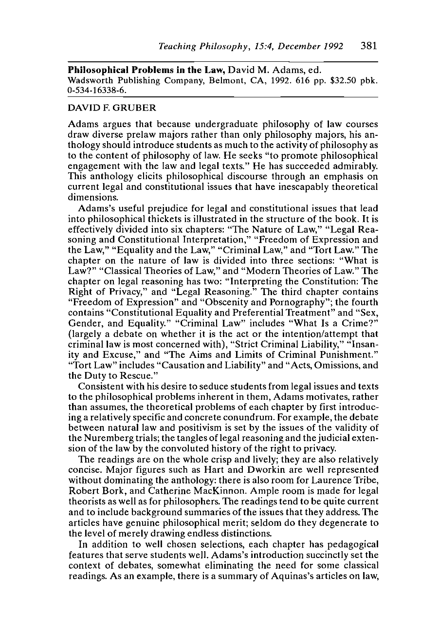 philosophical problems in the law david f gruber teaching philosophy philosophy documentation center philosophy documentation center